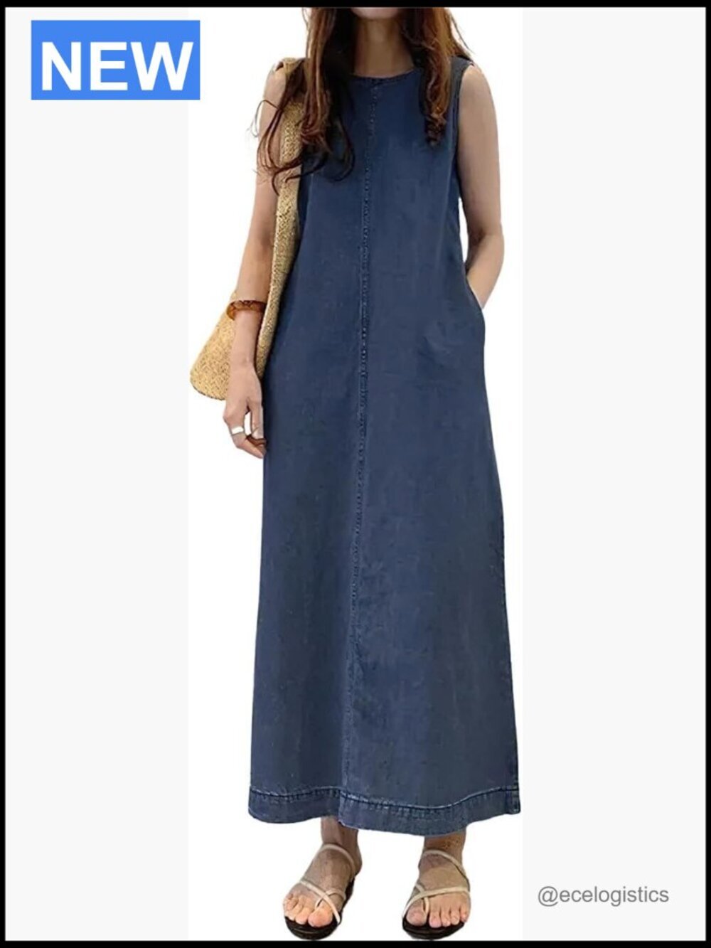 Sleeveless Crewneck Maxi Denim Jumper Dress with Pockets